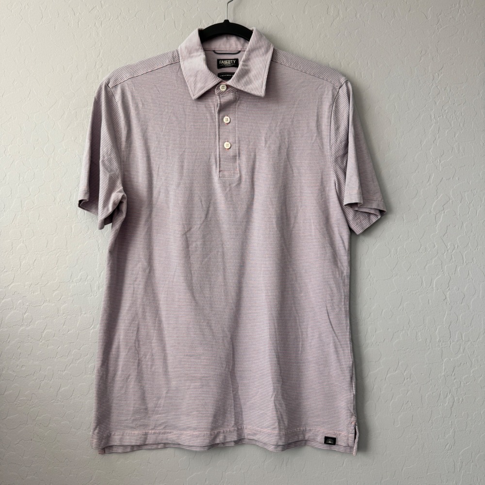 Faherty Small Movement Polo Pink Blue Striped Short Sleeve Pima Cotton Stretch